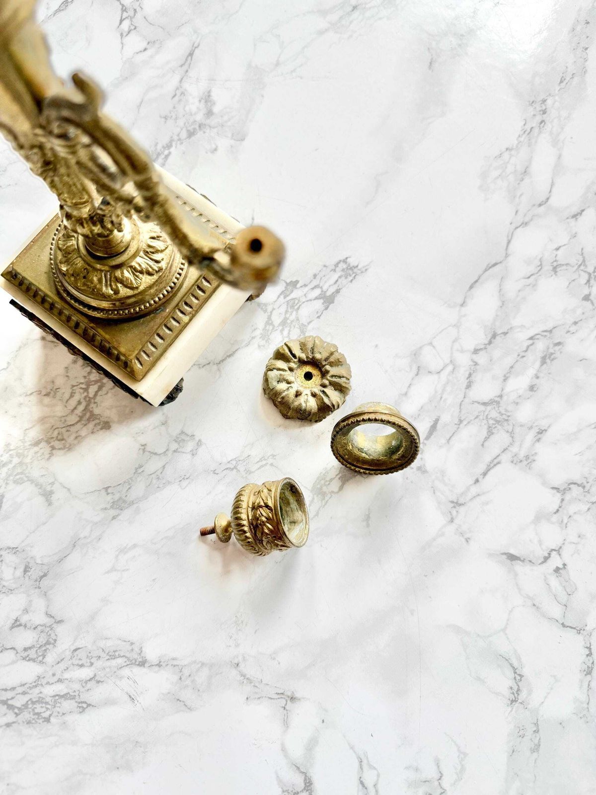 photo for sale Pair Of Antique French Ormoulu Gilded Bronze And White Marble 2 Lights Candle Sticks Holders Louis XVI Style Neoclassical Decor Chateau