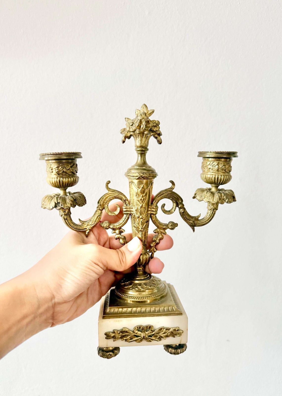 650.0 Pair Of Antique French Ormoulu Gilded Bronze And White Marble 2 Lights Candle Sticks Holders Louis XVI Style Neoclassical Decor Chateau photo
