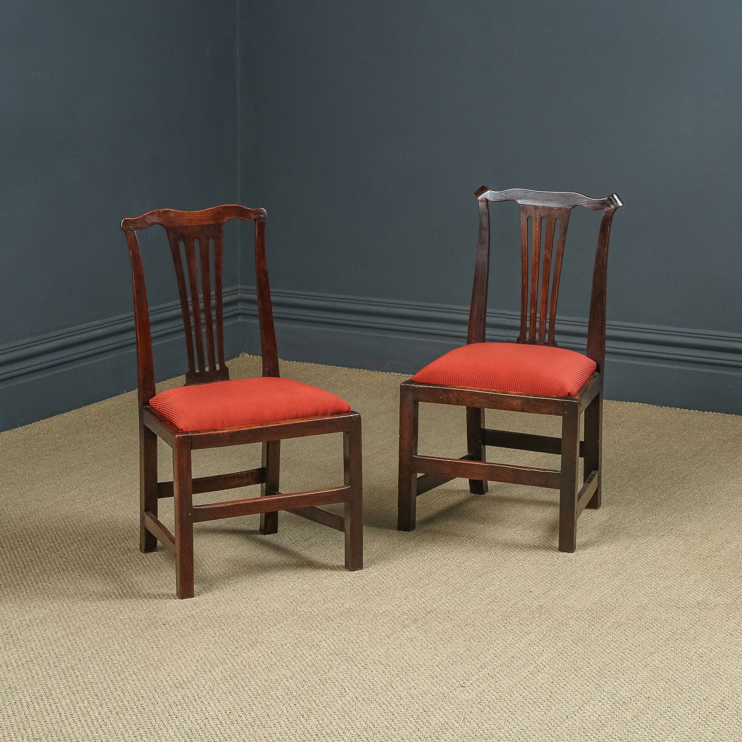 English Pair / Two Georgian Chippendale Country Elm Office Desk Dining Chairs (Circa 1780)