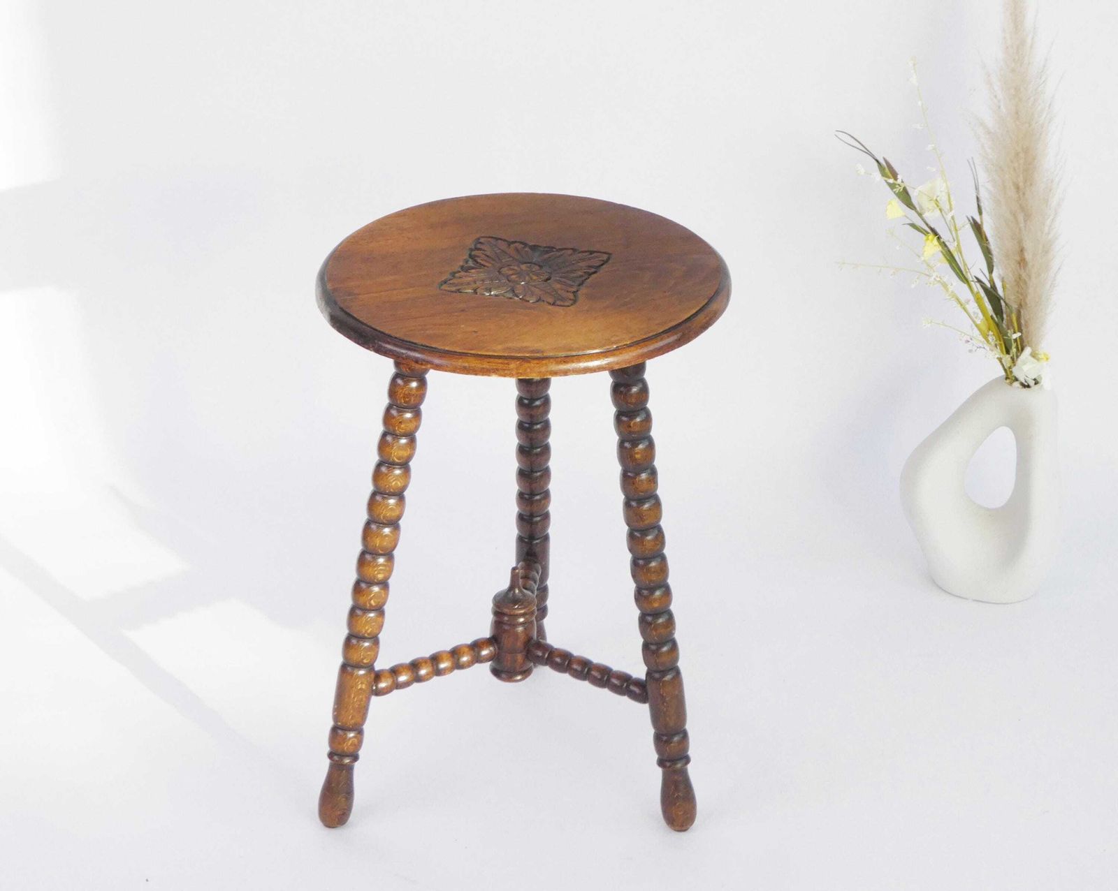 Floral Round Wooden Bobbin Side Table, Lacquered Antique Small Barley Twist Stool, Carved Rustic Plant Stand, Farmhouse Decor