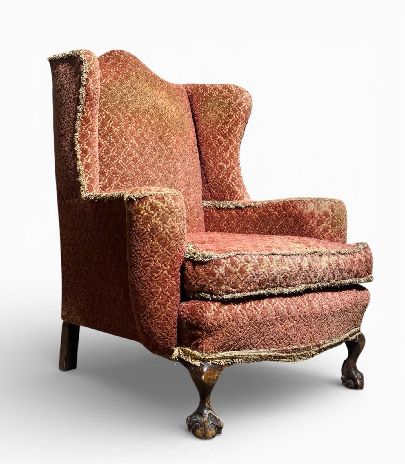 Antique Walnut Wing Back Armchair Claw And Ball Feet Queen Anne Style C1910 Rare