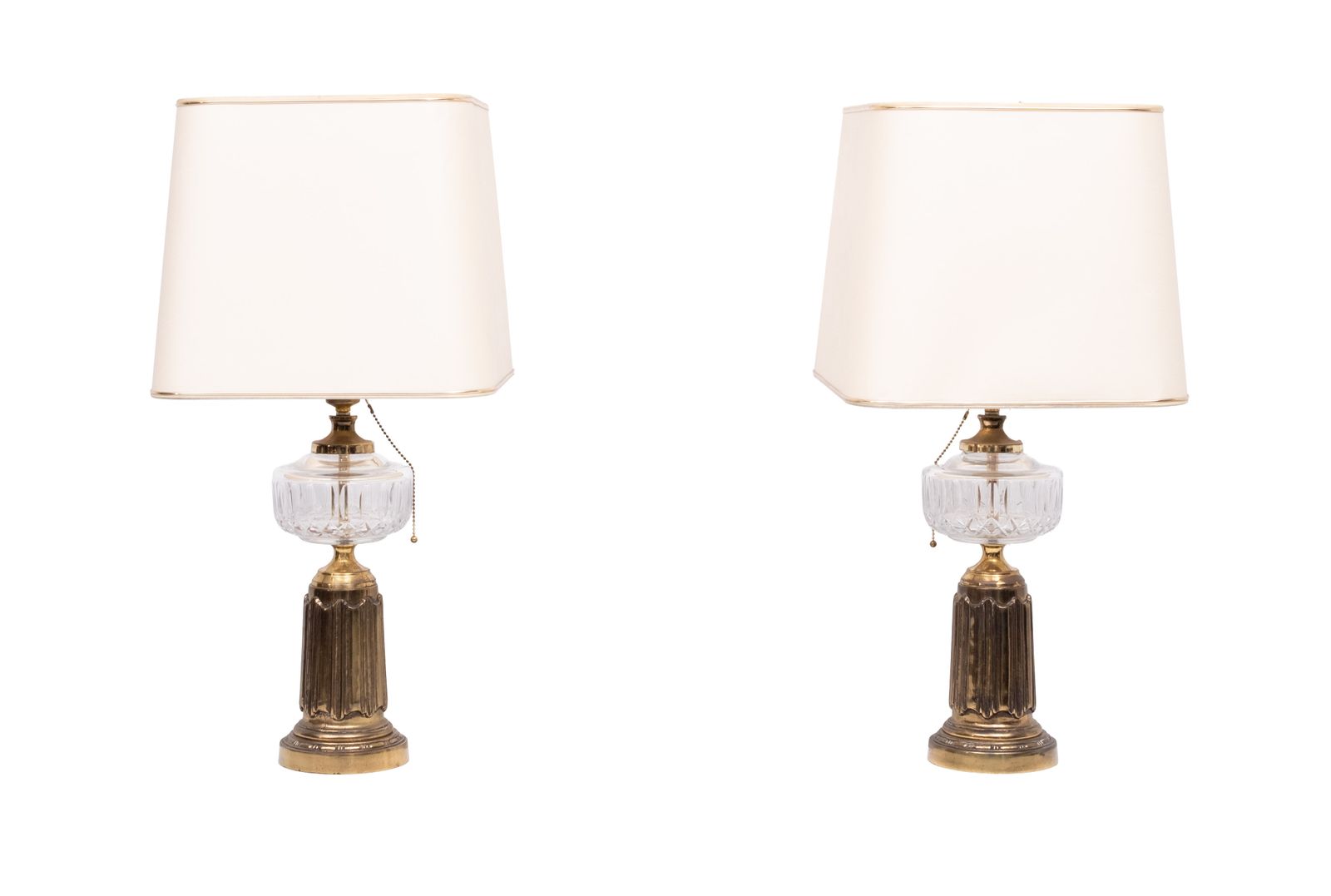 Heyco Set Brass And Crystal Glass Table Lamps With Shades 1960s USA