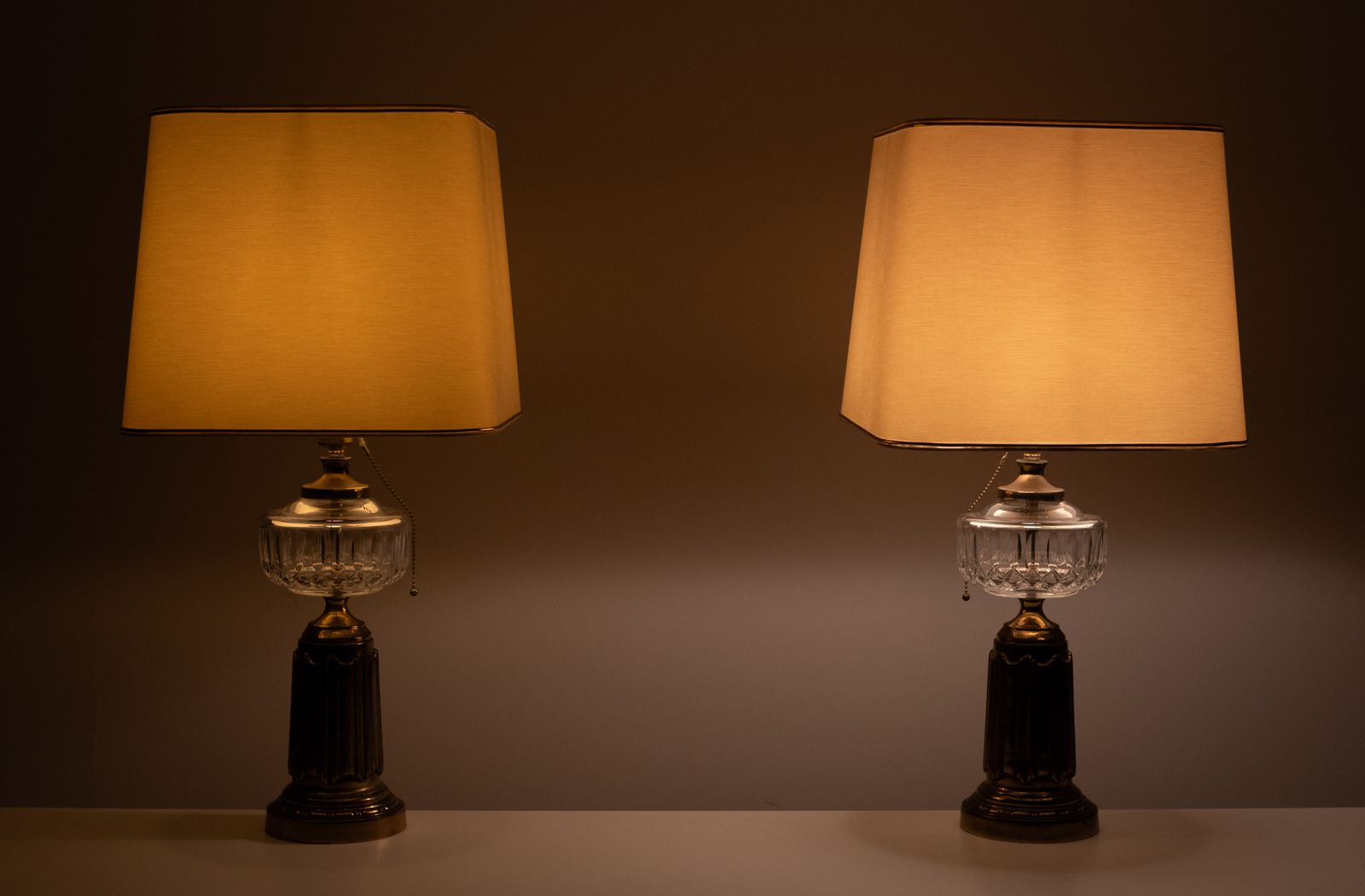 Heyco Set Brass And Crystal Glass Table Lamps With Shades 1960s USA photo buy