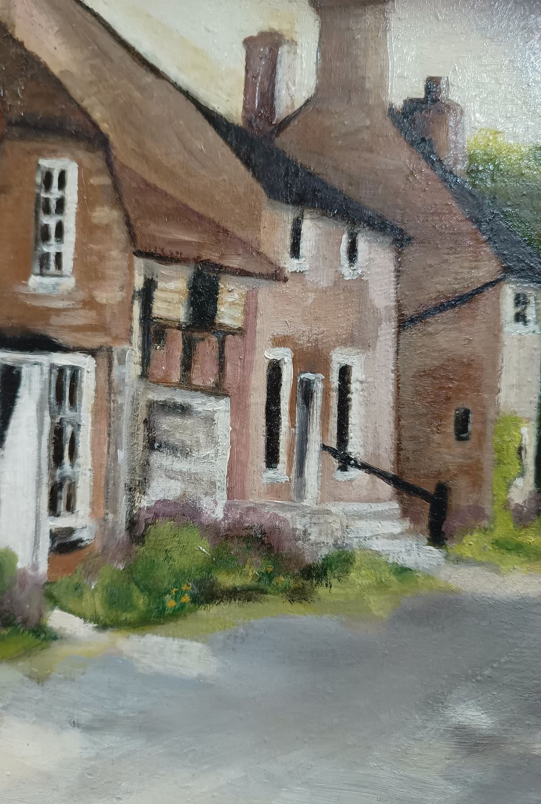 Original Oil Painting Cottages Street Vista Inkburrow Worcestershire Artist Signed Framed. photo vinterior