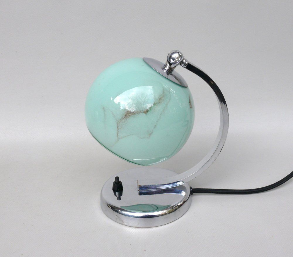 Art Deco Bedside Lamp In Chrome Plated & Glass Shade, 1930s