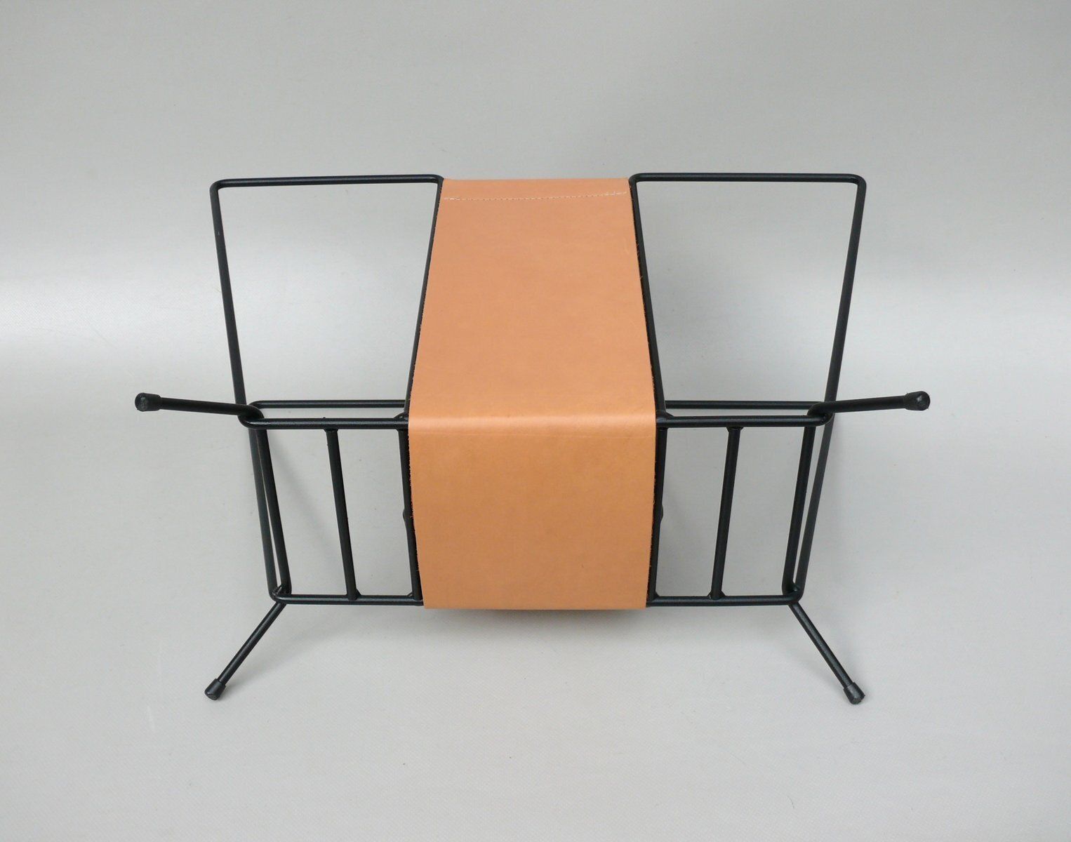 Mid Century Magazine Rack In String Steel Painted Black & Light Leather In The Style Of Jacques Adnet, 1960s photo 2220.0