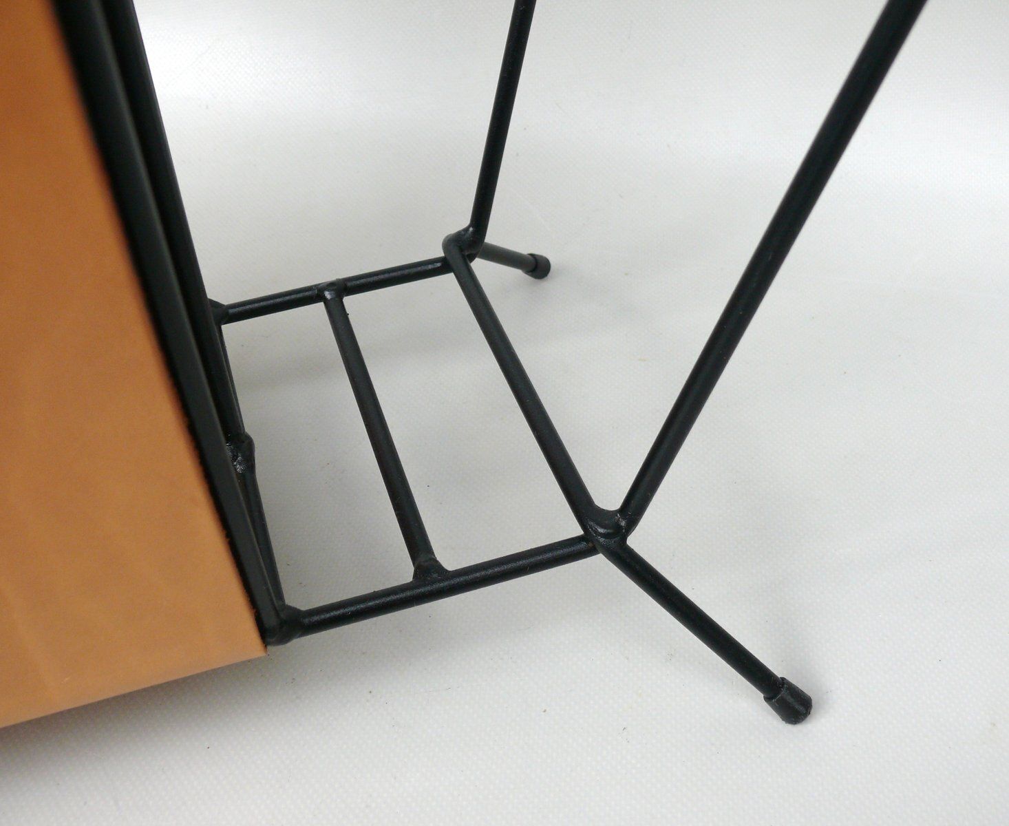 Home Decor Mid Century Magazine Rack In String Steel Painted Black & Light Leather In The Style Of Jacques Adnet, 1960s photo