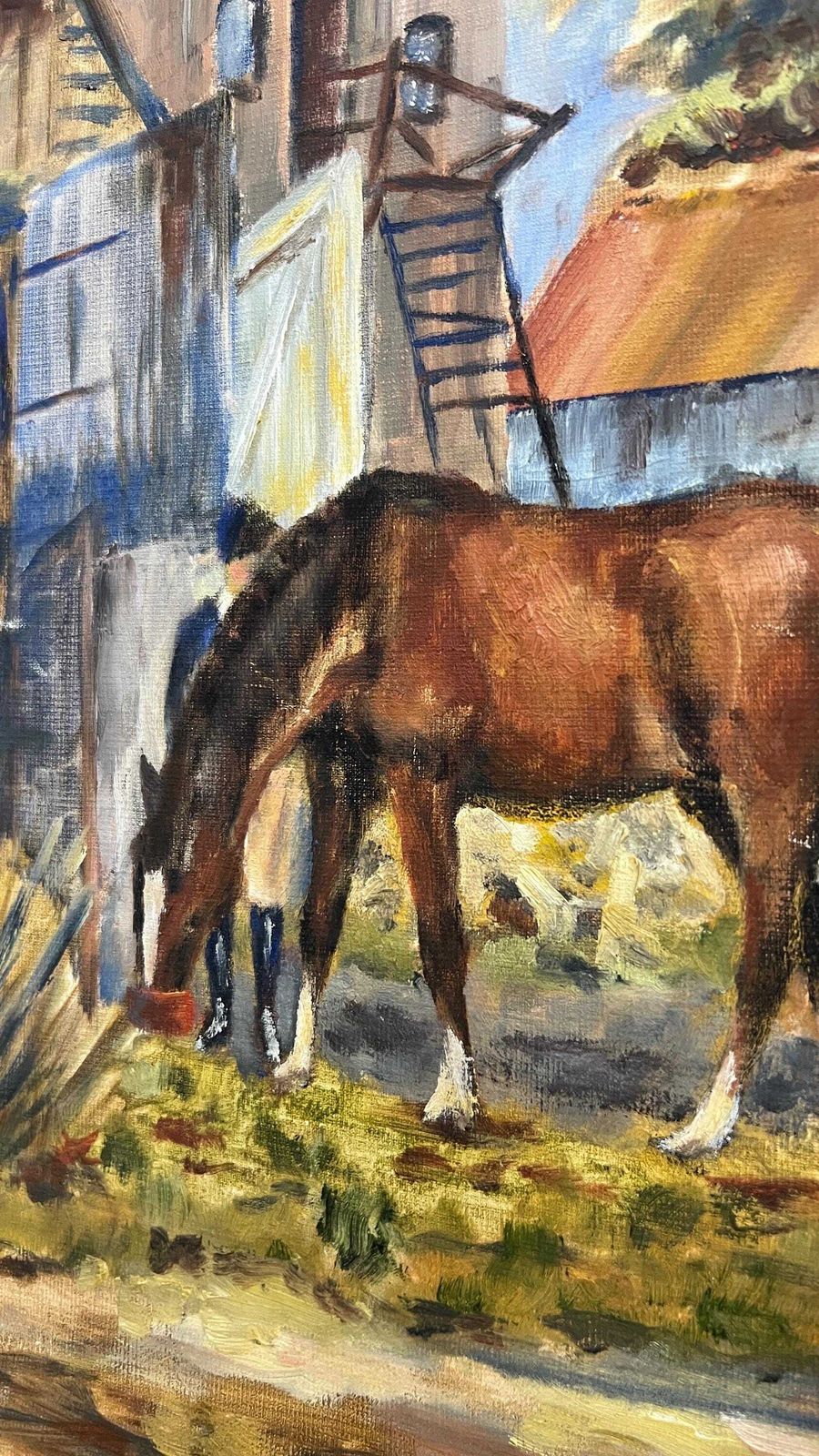 Signed Vintage Oil Painting Picture Of Farmyard With Horses, Framed Original Artwork photo vinterior