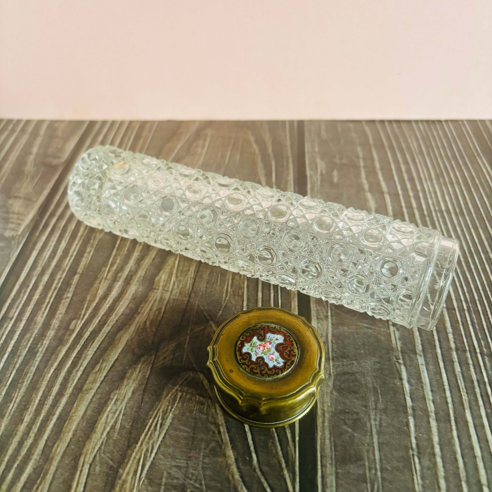 Antique Long Honeycomb Cut Glass Vanity Jar With Enamel Lid photo Home Decor