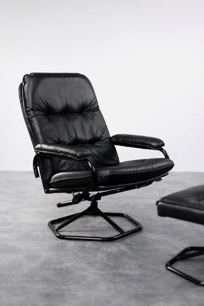 Furniture Set Of Mid Century Modern Danish Black Leather Swivel Chair & Ottoman From Unico, 1970s photo