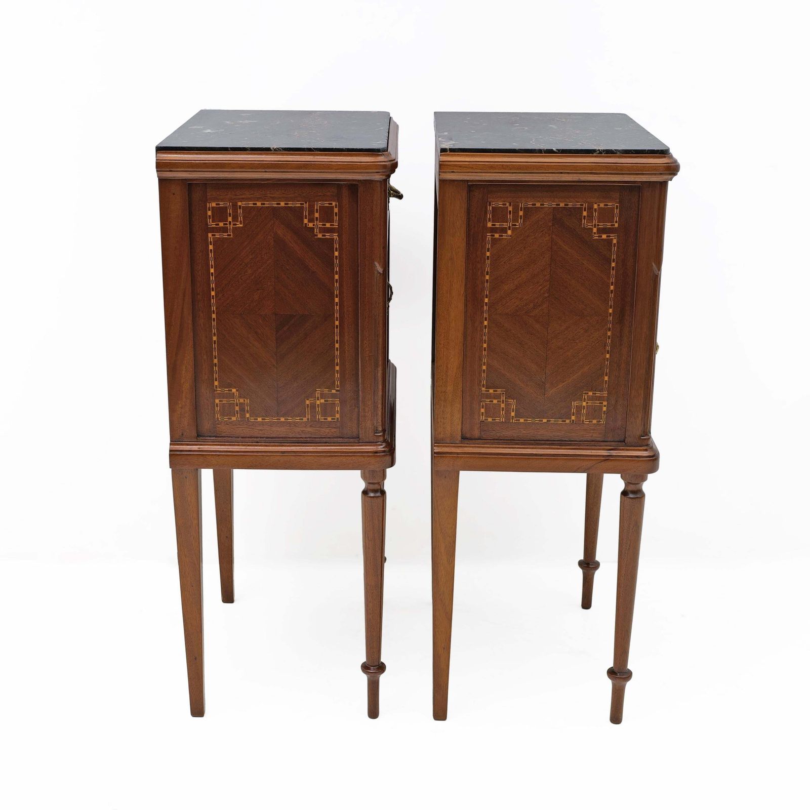 photo furniture Pair Of Louis XVI Style Bedside Tables With Inlays And Marble Top, Italy, 1920s
