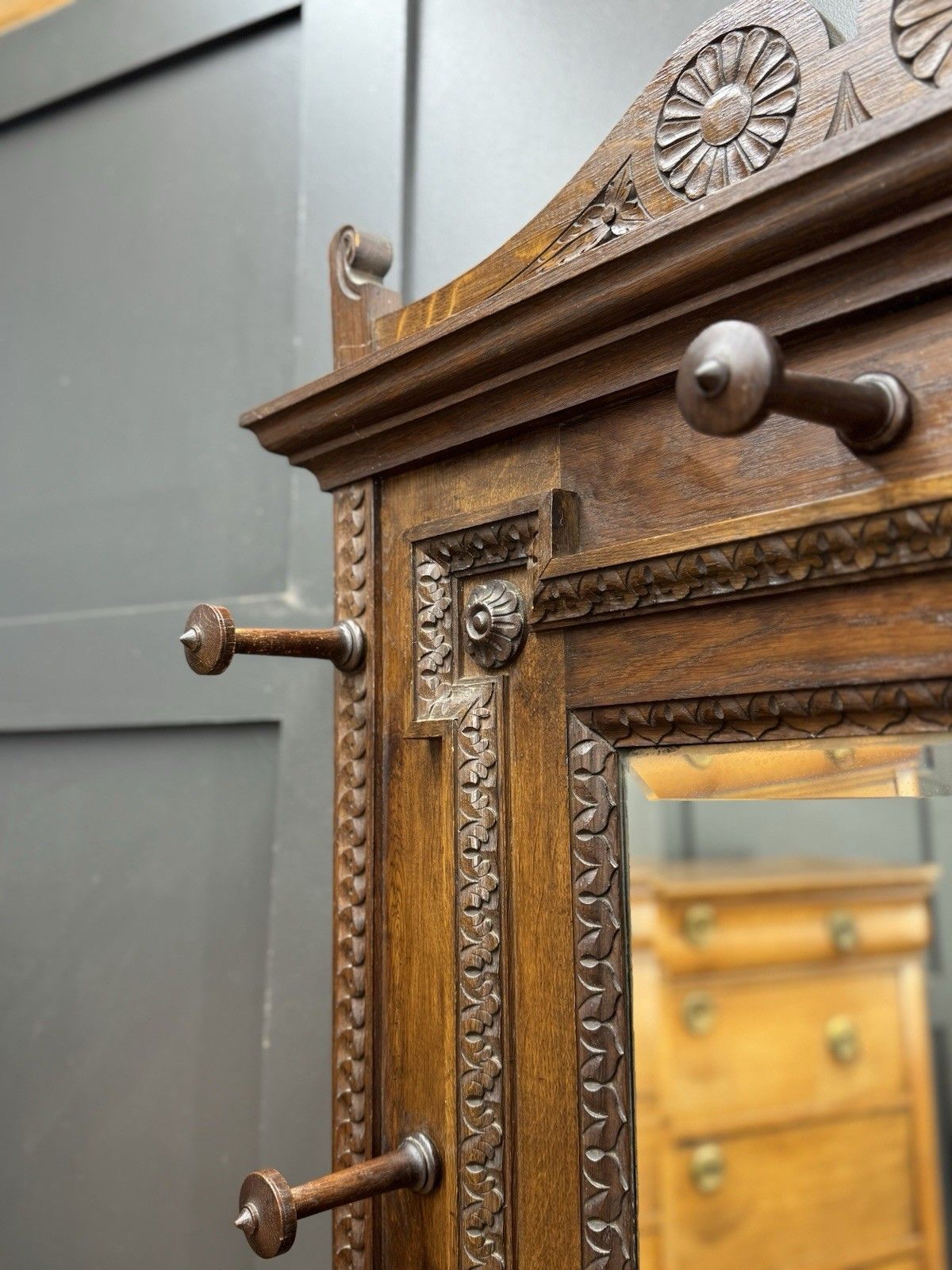 Antique Oak Hallway Coat & Hat Stand With Mirror And Storage photo Furniture