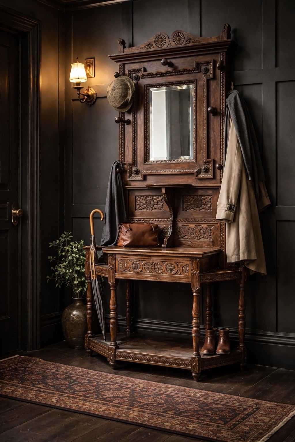 photo for sale Antique Oak Hallway Coat & Hat Stand With Mirror And Storage
