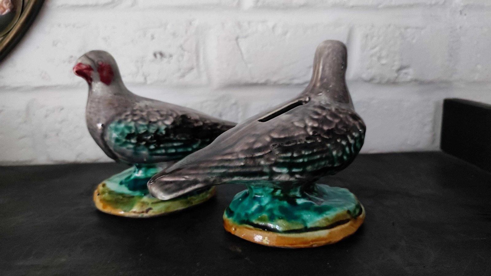 Antique French Majolica Pigeon Money Boxes Pair By Onnaing photo buy