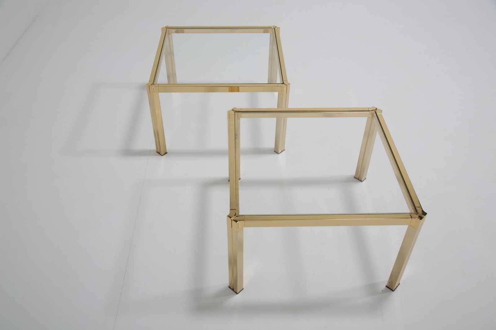 Italian Pair Of Regency Modern Side Tables: Brass & Clear Glass, Italy, 1970s. photo for sale