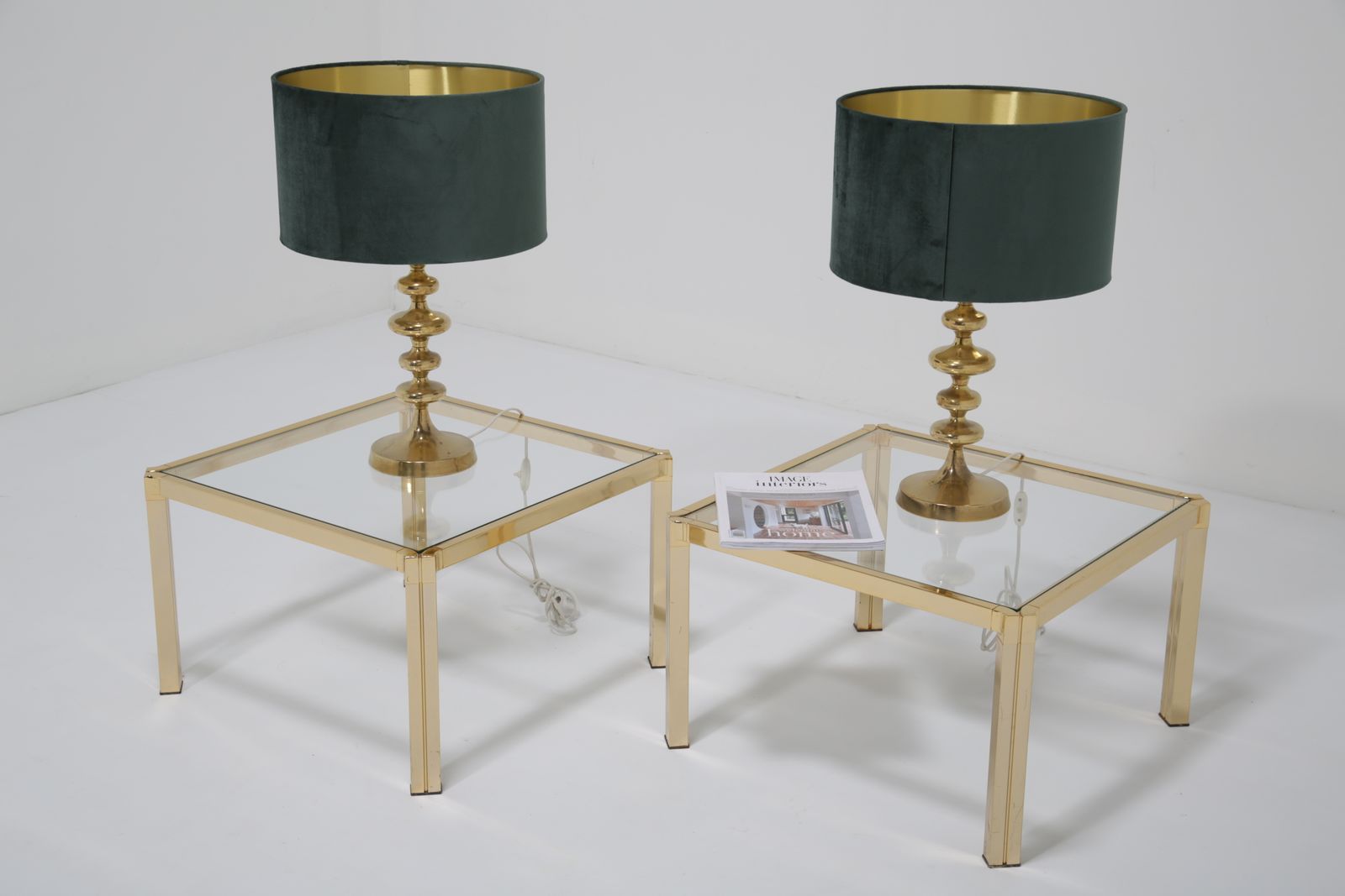 photo for sale Italian Pair Of Regency Modern Side Tables: Brass & Clear Glass, Italy, 1970s.