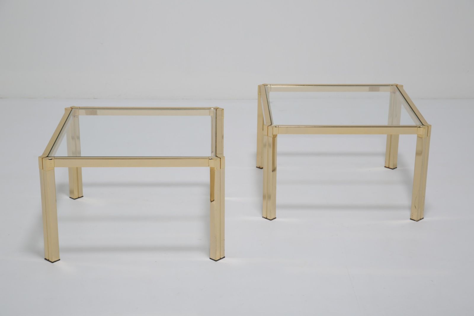 Furniture Italian Pair Of Regency Modern Side Tables: Brass & Clear Glass, Italy, 1970s. photo
