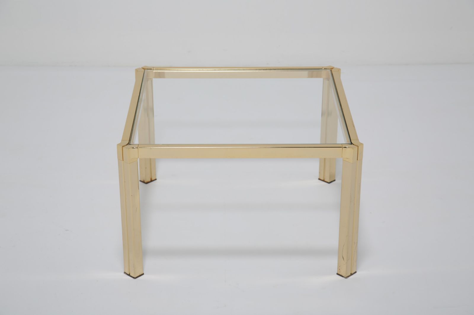 photo buy Italian Pair Of Regency Modern Side Tables: Brass & Clear Glass, Italy, 1970s.