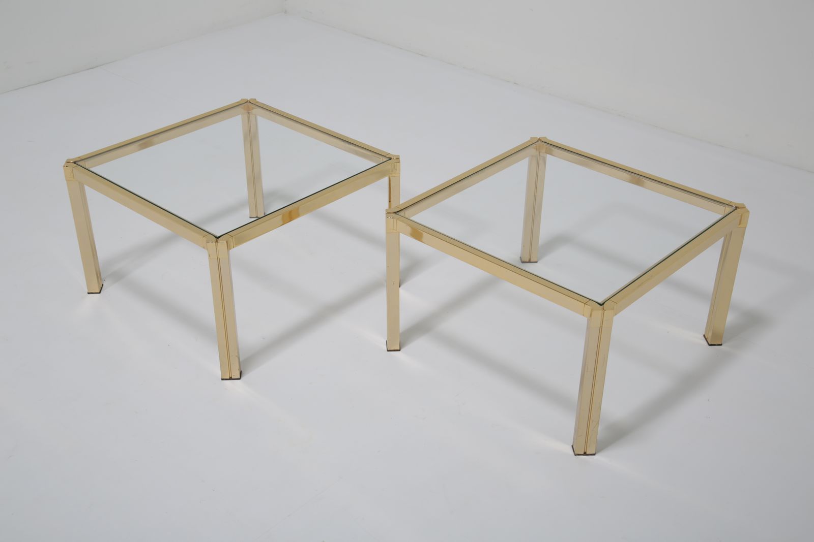 Italian Pair Of Regency Modern Side Tables: Brass & Clear Glass, Italy, 1970s.