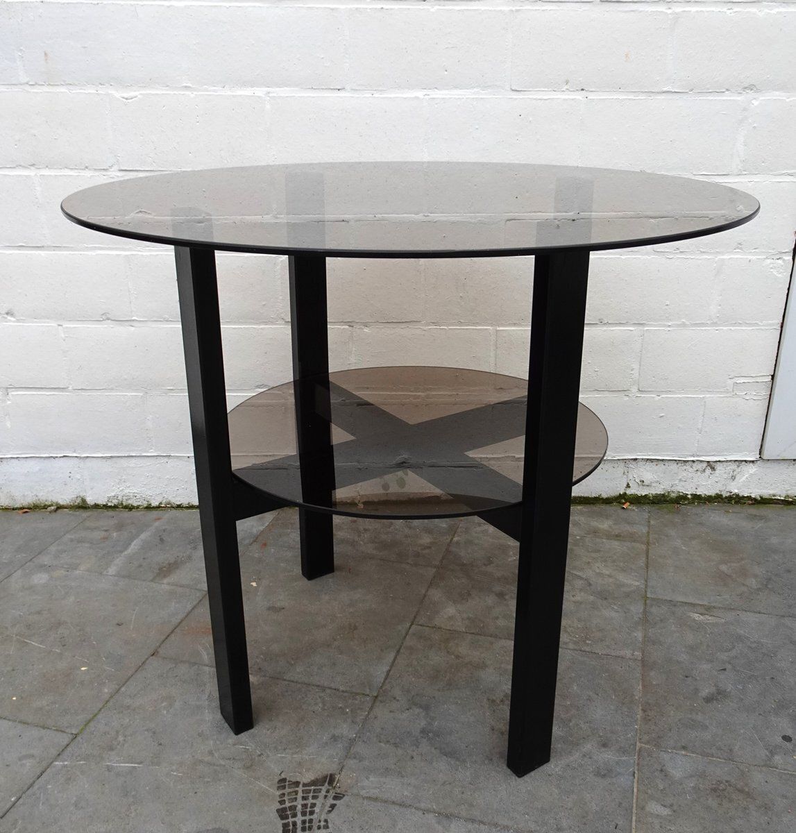 Minimalist High Metal And Smoke Glass 2 Tiered Side Table, 1980s photo for sale