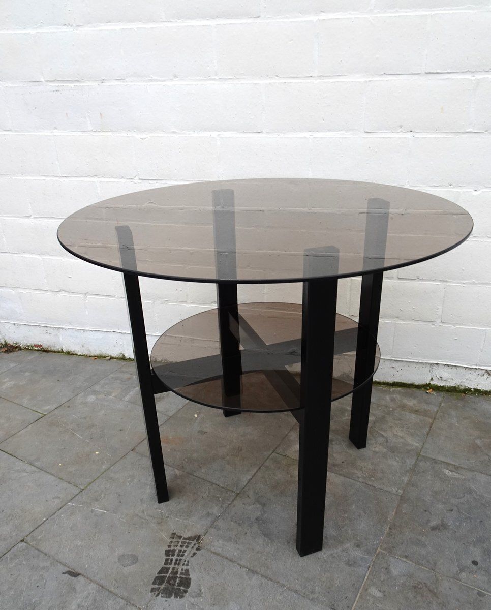 Minimalist High Metal And Smoke Glass 2 Tiered Side Table, 1980s photo Furniture
