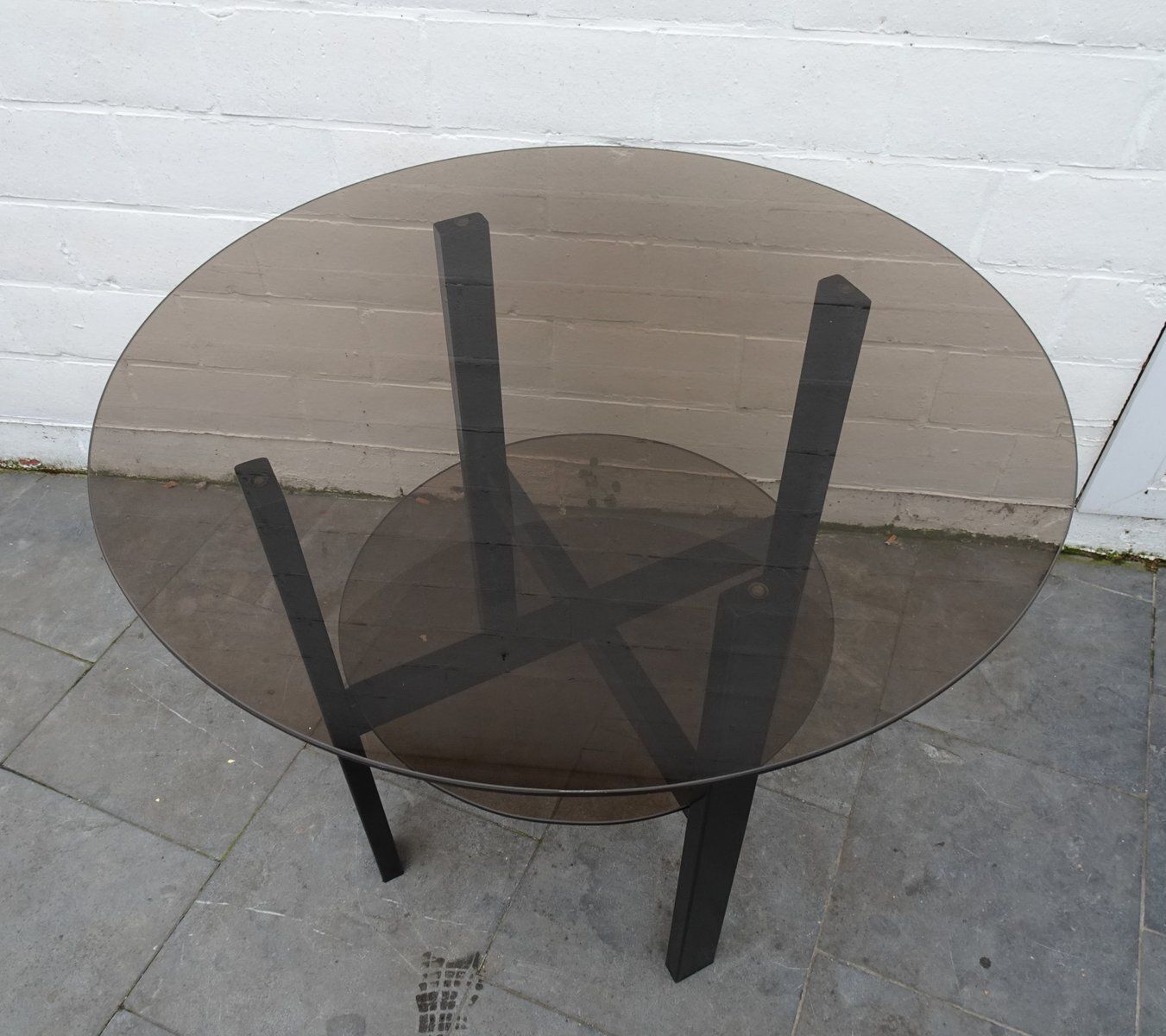 Minimalist High Metal And Smoke Glass 2 Tiered Side Table, 1980s photo 405.0
