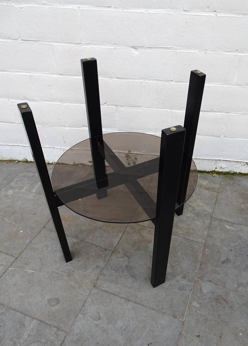 Minimalist High Metal And Smoke Glass 2 Tiered Side Table, 1980s photo vinterior