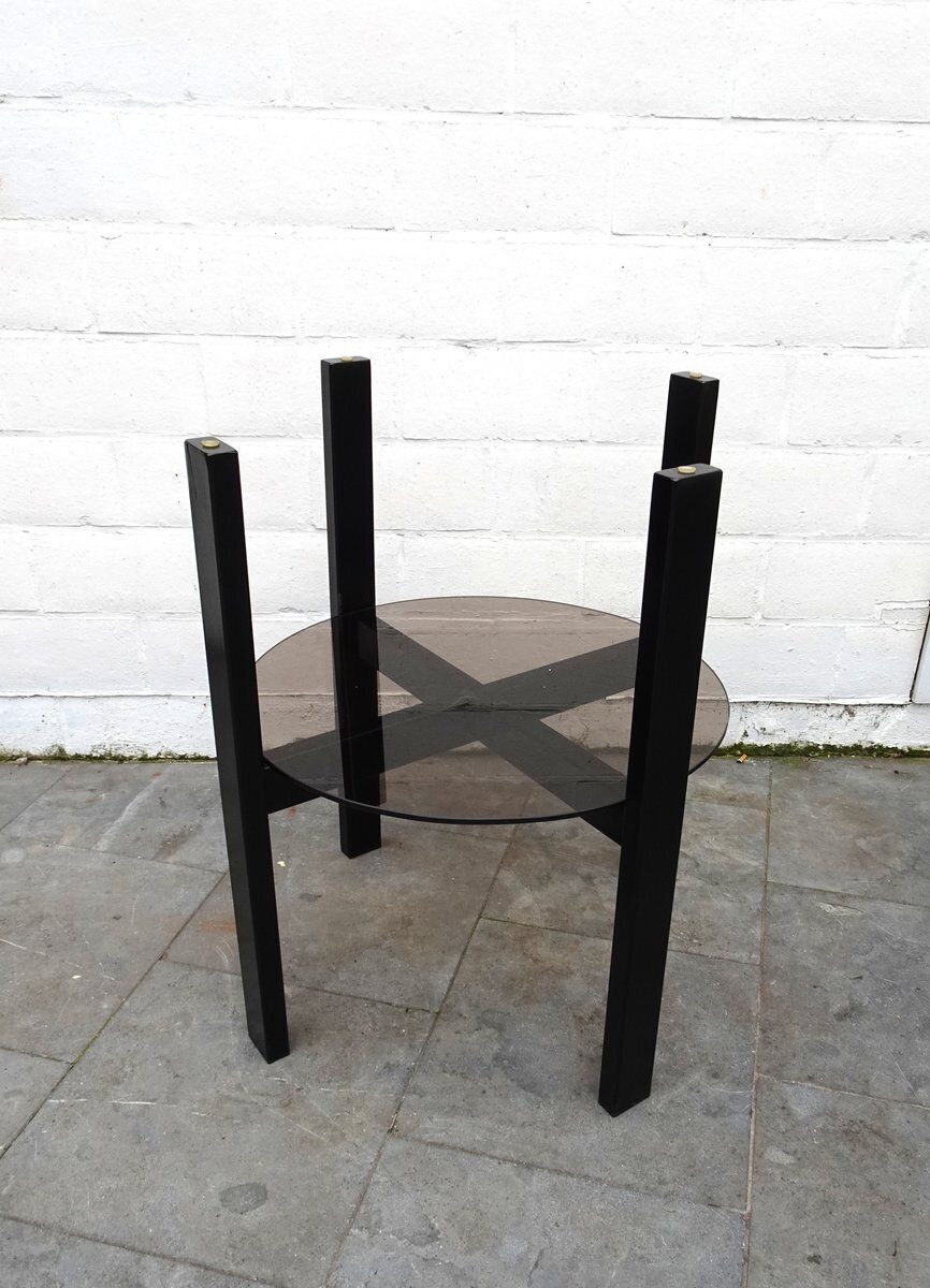 Minimalist High Metal And Smoke Glass 2 Tiered Side Table, 1980s photo vintage