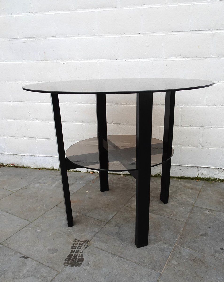 photo furniture Minimalist High Metal And Smoke Glass 2 Tiered Side Table, 1980s