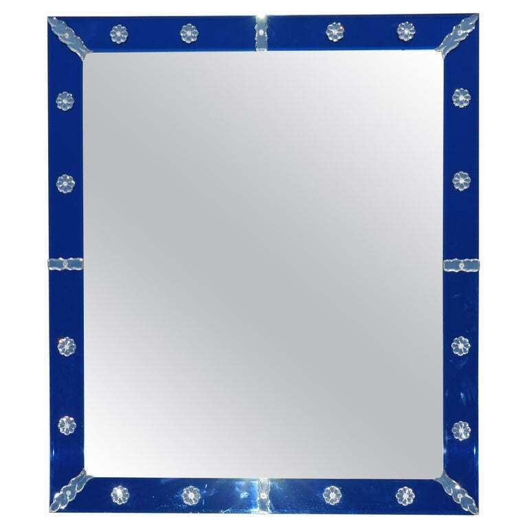 Very Large 151cm X 133cm Italian Venetian Cobalt Blue Cut Glass Wall Mirror
