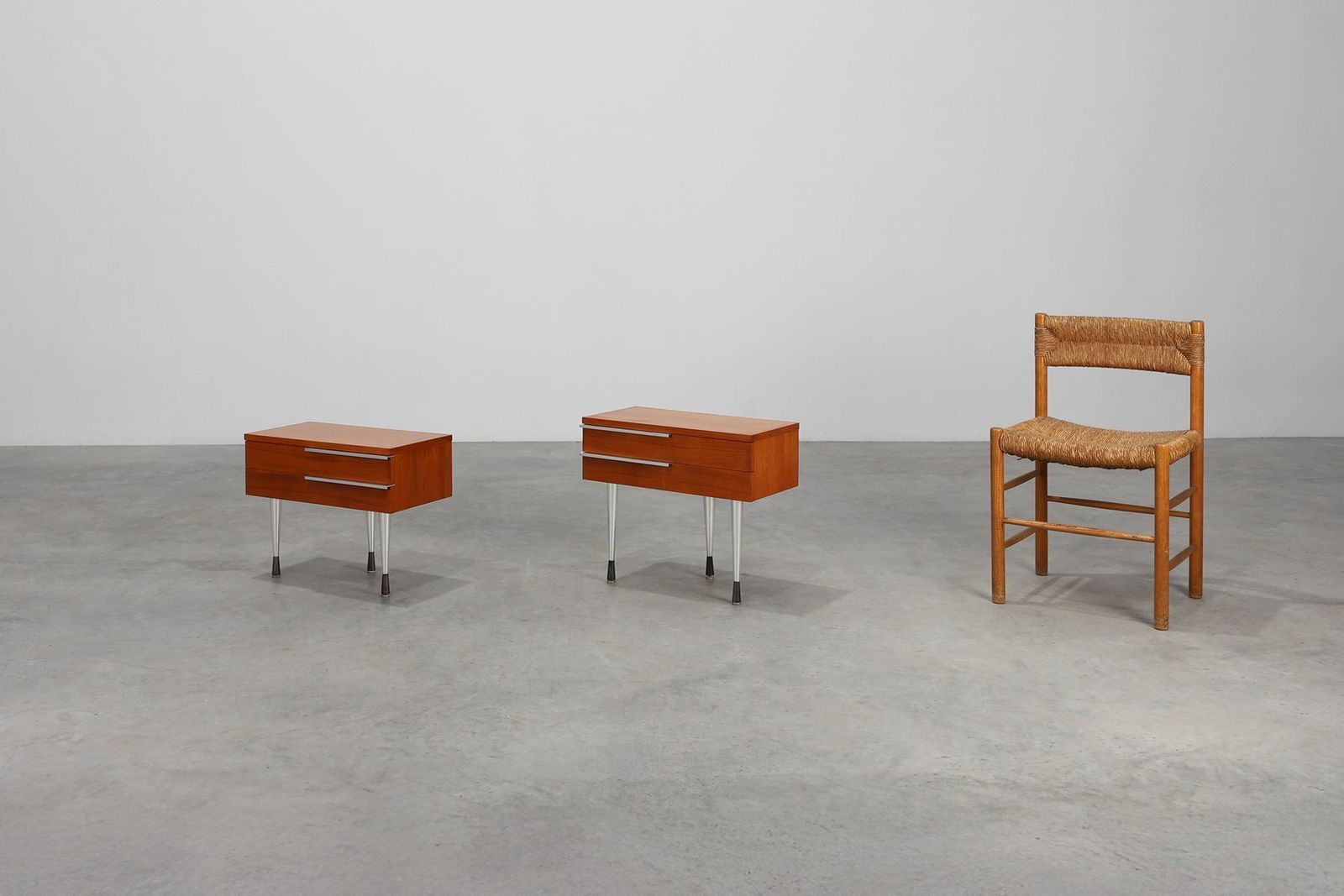 Mid Century Modern French Nightstands In Teal Veneer And Chrome, 1960s, Set Of 2 photo for sale