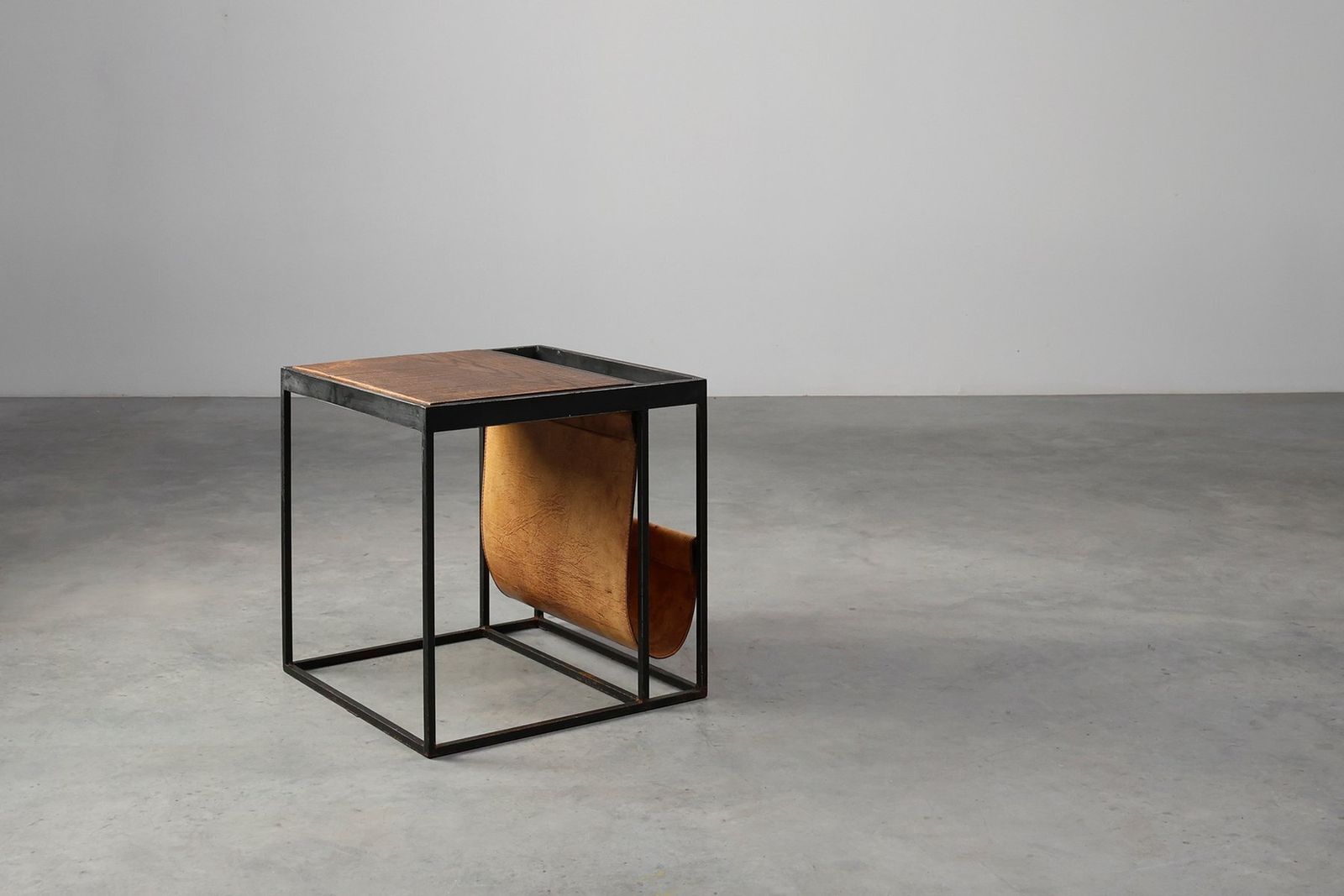 Mid Century Magazine Holder In Metal, Wood And Leather, Belgium, 1960s photo for sale