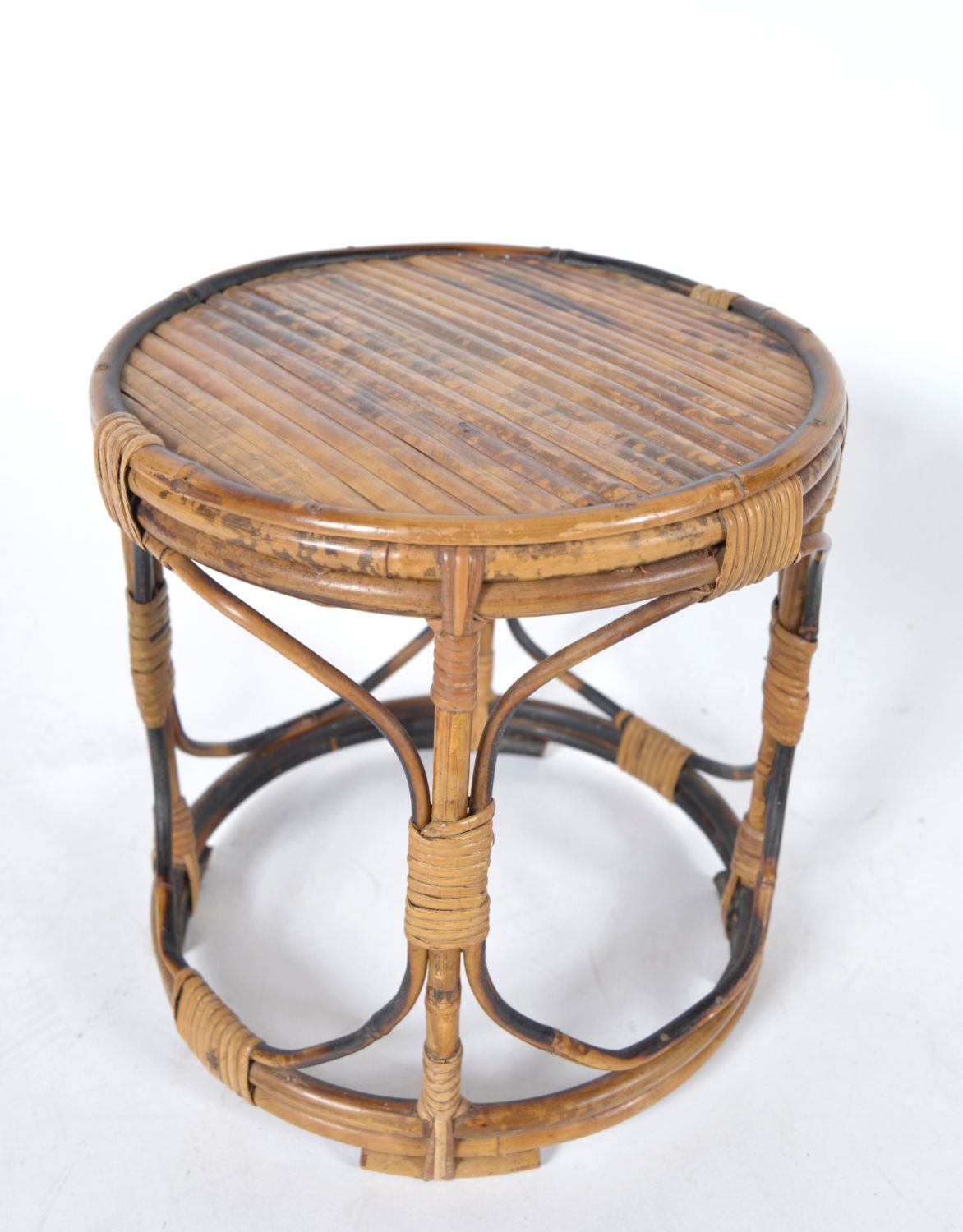 Midcentury Tortoishell Bamboo Wicker Side Table Planter Plant Stand Jardiniere Tiki photo for sale