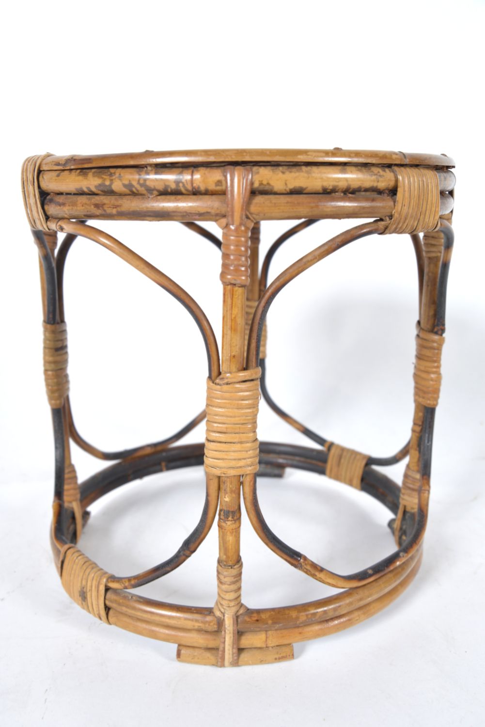 Midcentury Tortoishell Bamboo Wicker Side Table Planter Plant Stand Jardiniere Tiki photo Furniture