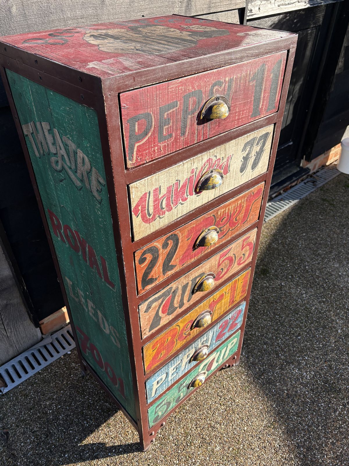 Furniture Metal Framed, Wooden Chest Of Drawers Featuring A Leeds Thestre Royal/Popular Drinks Vintage Design photo