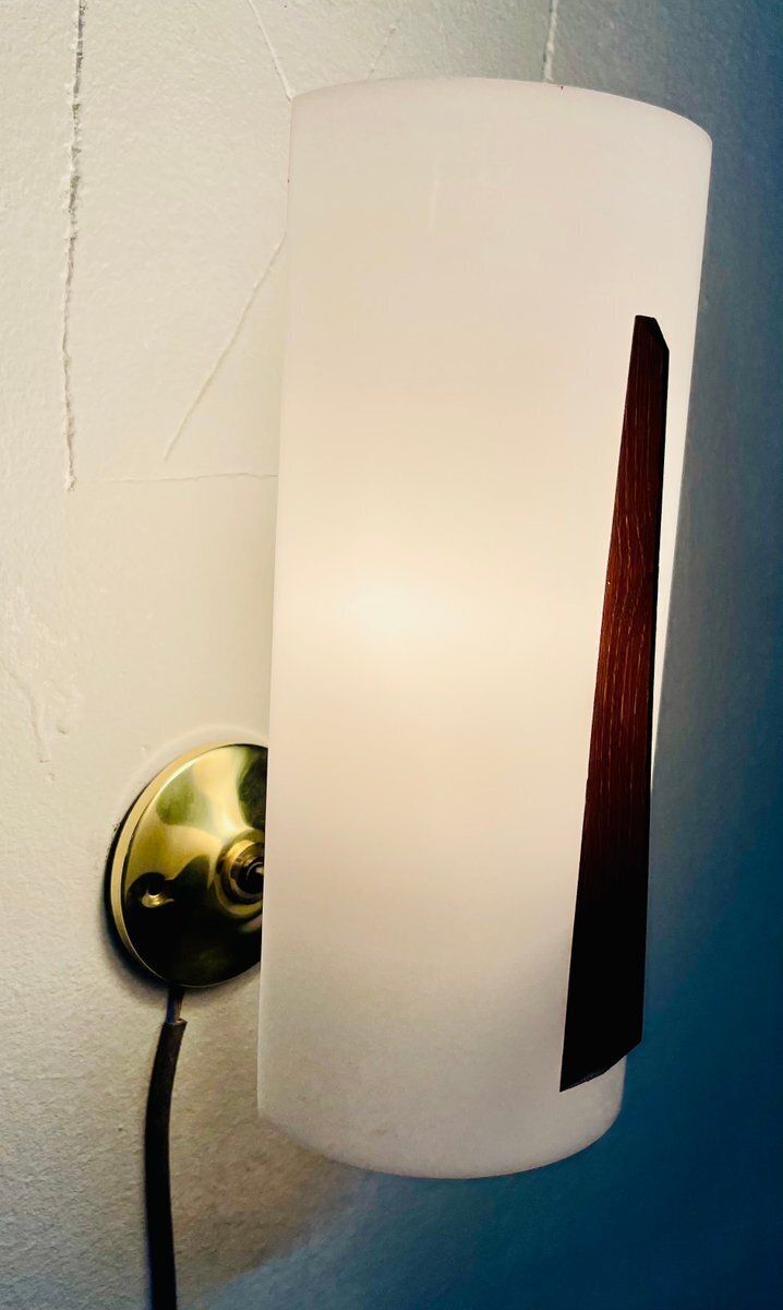 Italian Wall Lamp In Black Lacquered Brass, Acrylic Glass And Wood Finish, 1960s photo for sale