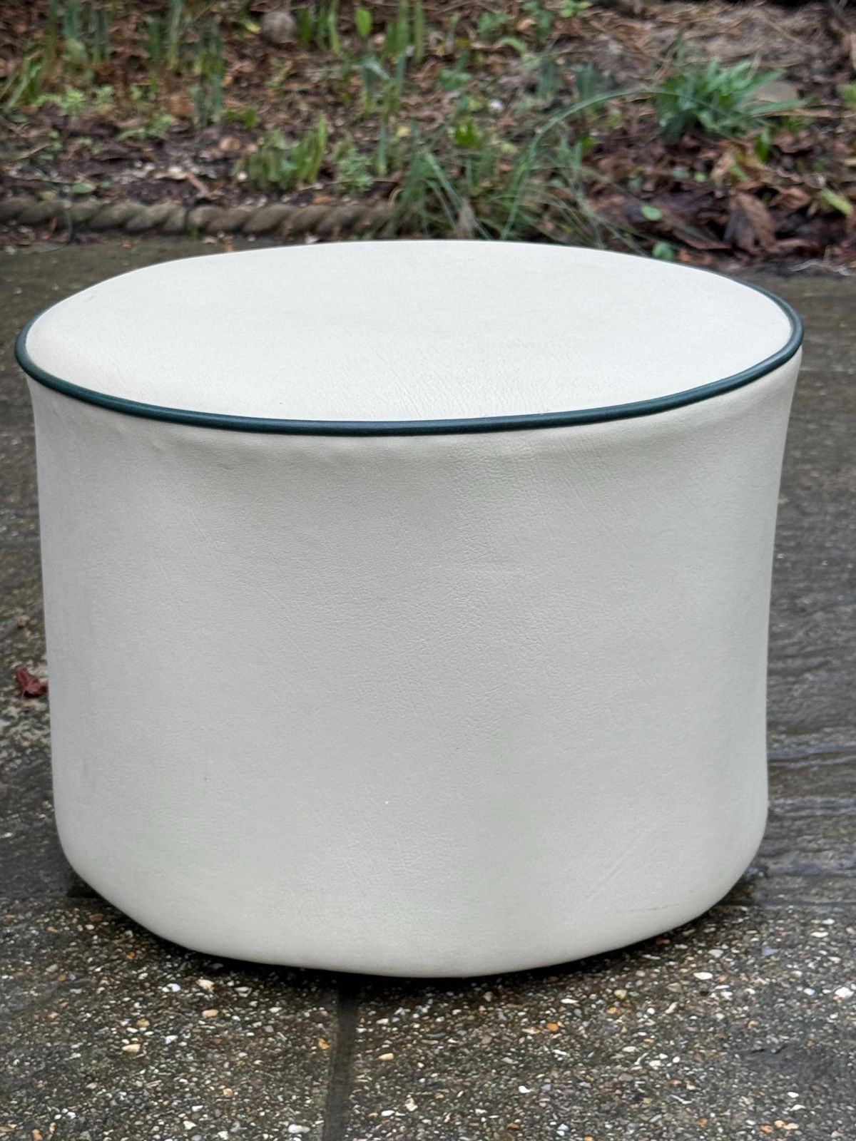 Vintage Faux Leather Cream Cylinder Stool / Ottoman With Dark Green Trim, C. 1970s–Early 1980s photo Furniture