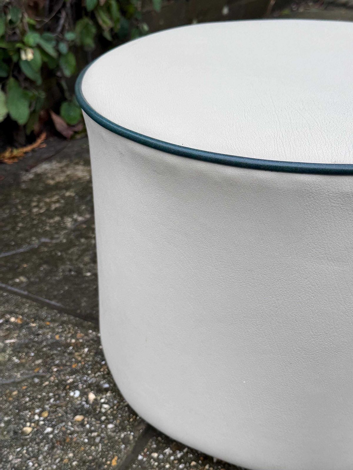 photo vinterior Vintage Faux Leather Cream Cylinder Stool / Ottoman With Dark Green Trim, C. 1970s–Early 1980s