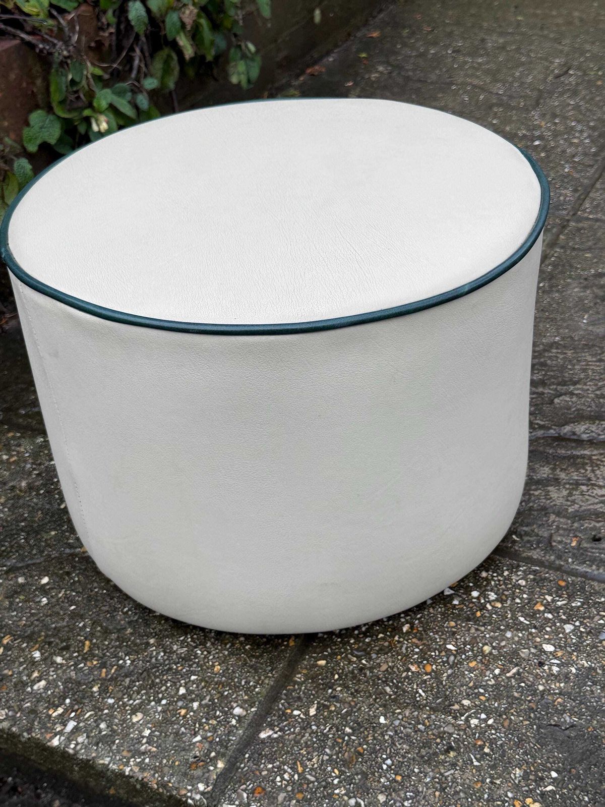 photo vinterior Vintage Faux Leather Cream Cylinder Stool / Ottoman With Dark Green Trim, C. 1970s–Early 1980s