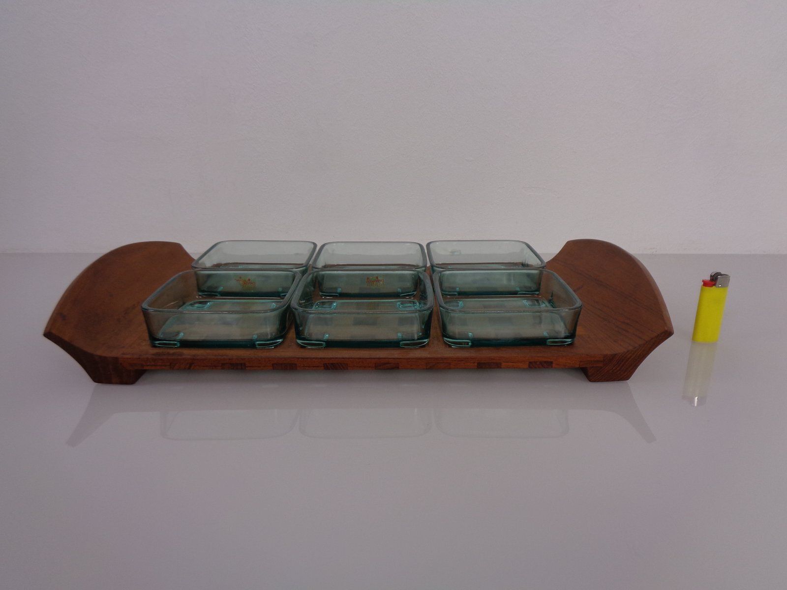 Teak Tray With Glass Bowls By Jens Quistgaard For Ihq Dansk Designs, 1960s, Set Of 7 photo furniture