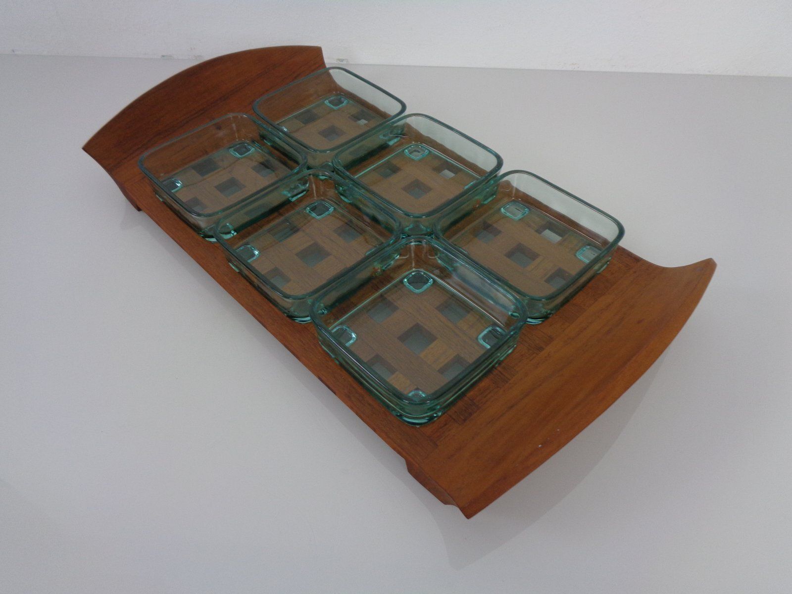 Teak Tray With Glass Bowls By Jens Quistgaard For Ihq Dansk Designs, 1960s, Set Of 7 photo for sale
