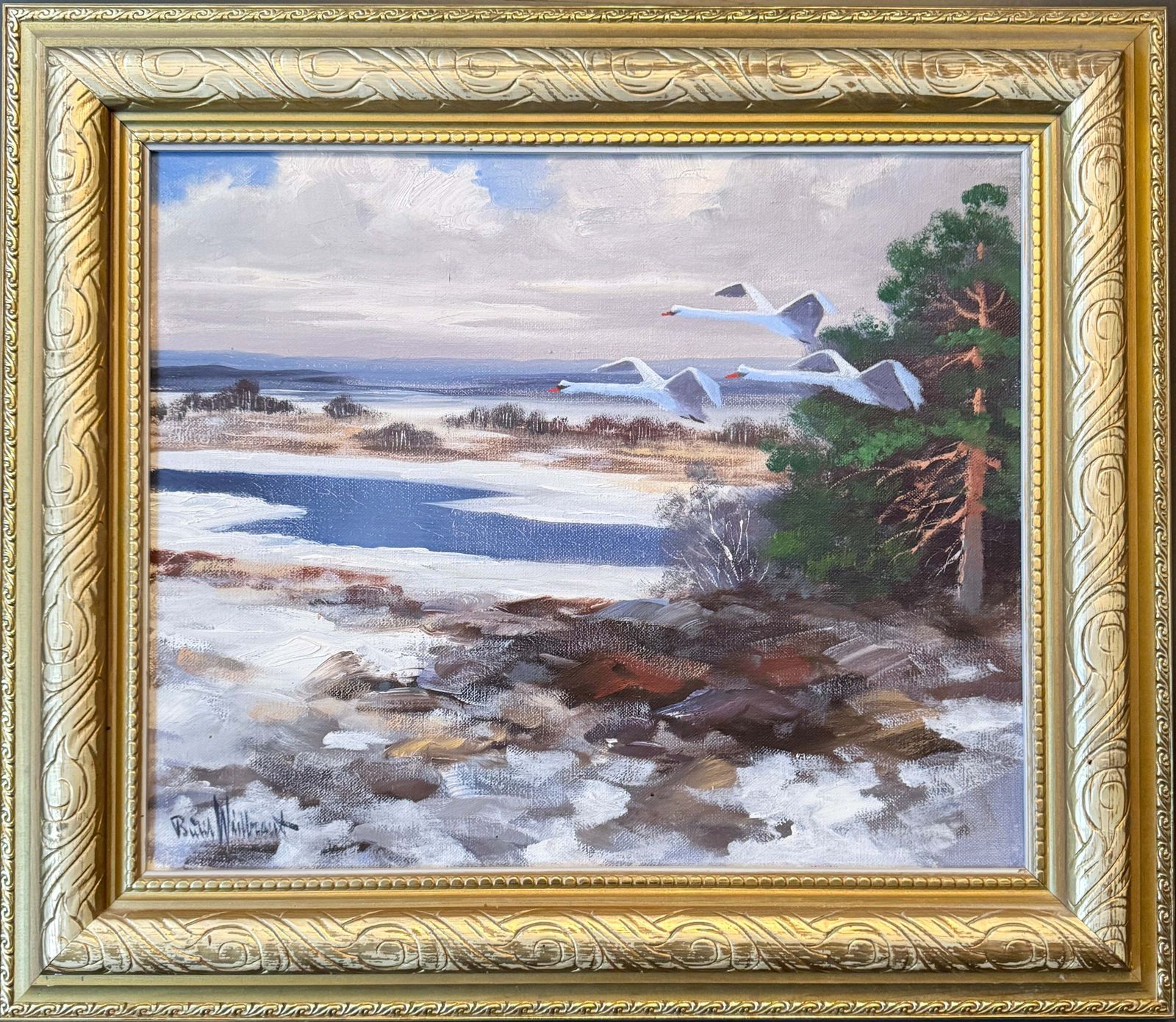 White Wings In Flight. Vintage Swedish Oil Painting By Bertil Widbrant