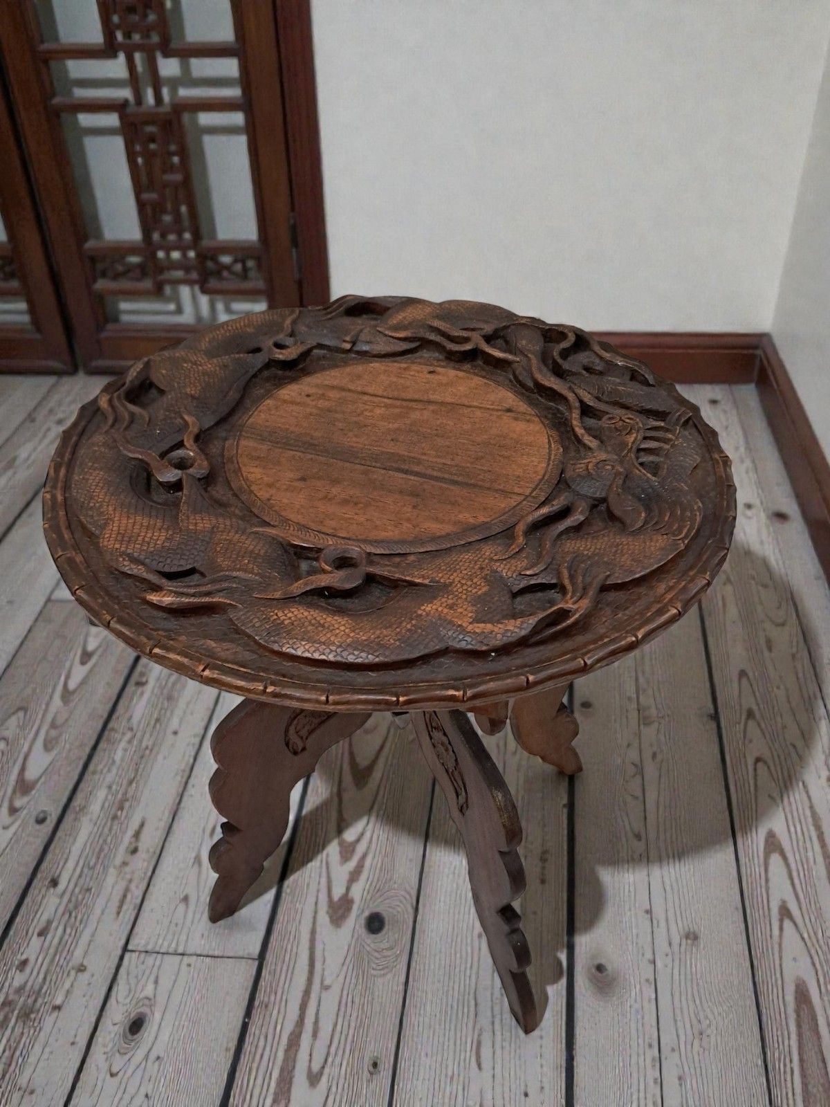 Antique Oriental Table Dragon Wooden Carved Plant Side Table 1920 photo furniture