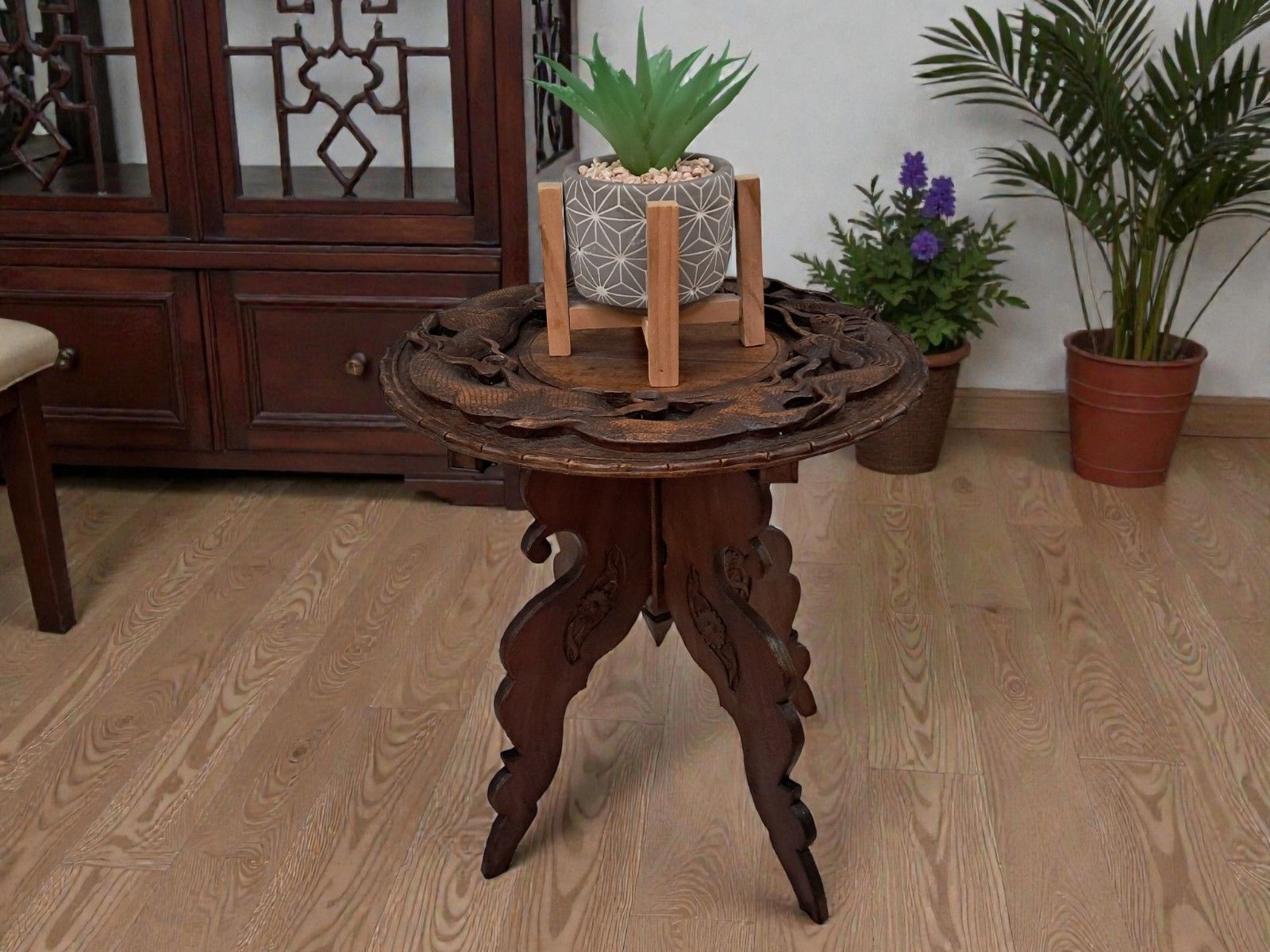 Antique Oriental Table Dragon Wooden Carved Plant Side Table 1920 photo for sale