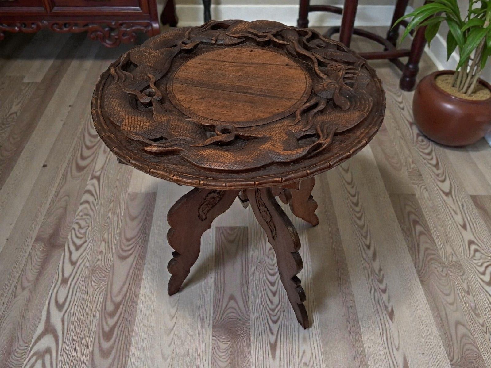 Antique Oriental Table Dragon Wooden Carved Plant Side Table 1920 photo Furniture