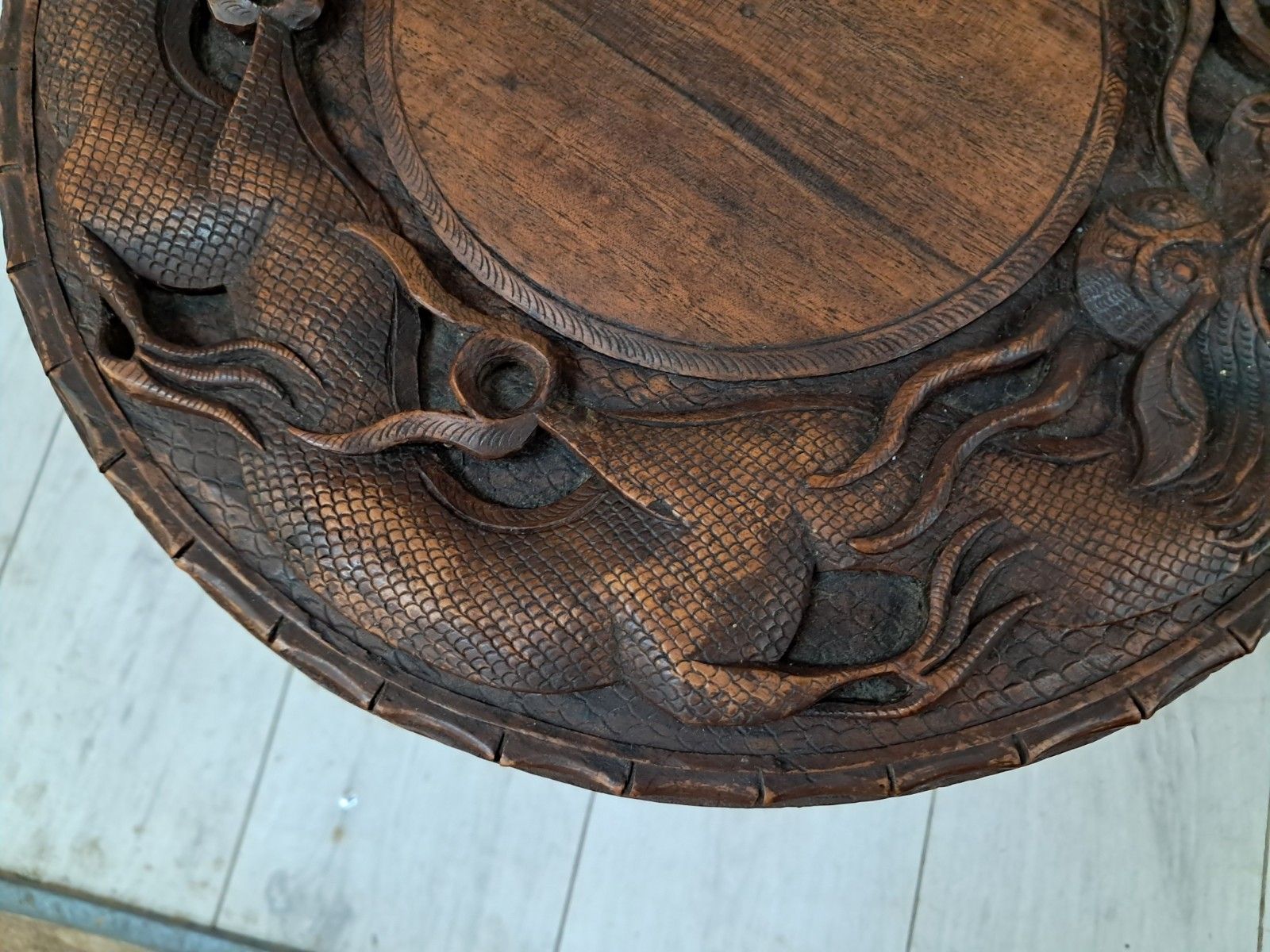 Furniture Antique Oriental Table Dragon Wooden Carved Plant Side Table 1920 photo