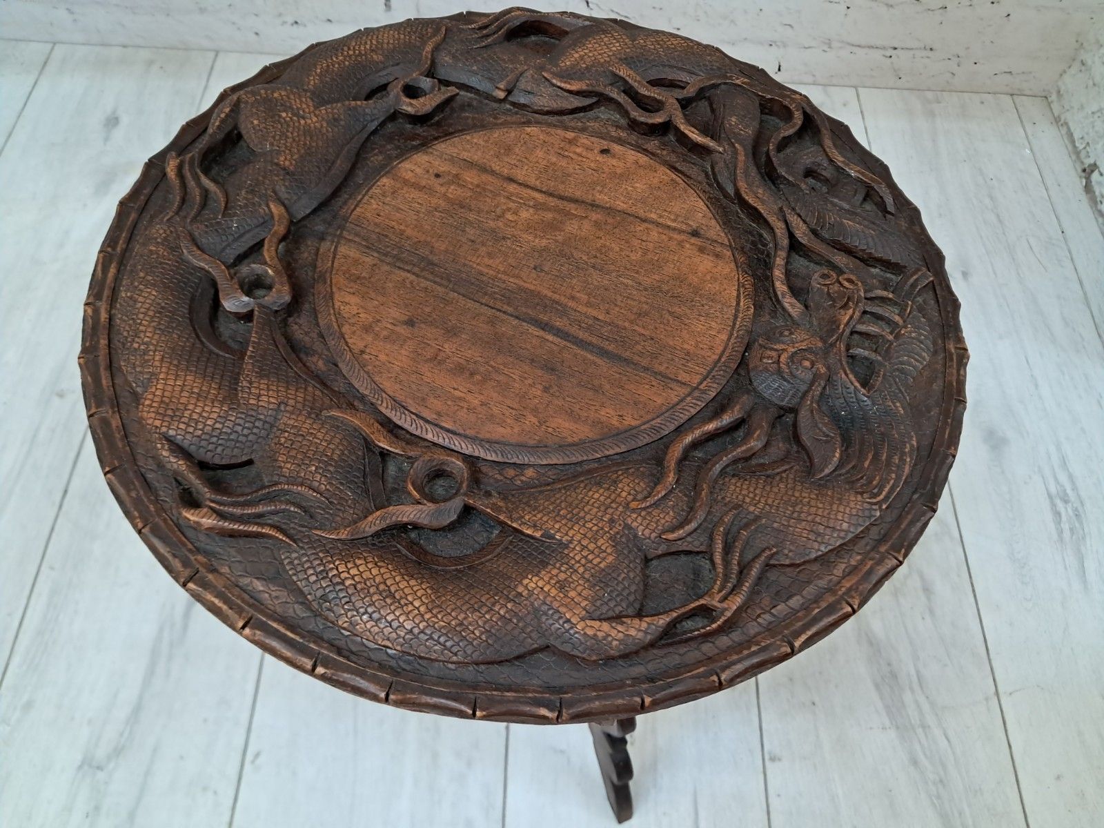 photo buy Antique Oriental Table Dragon Wooden Carved Plant Side Table 1920