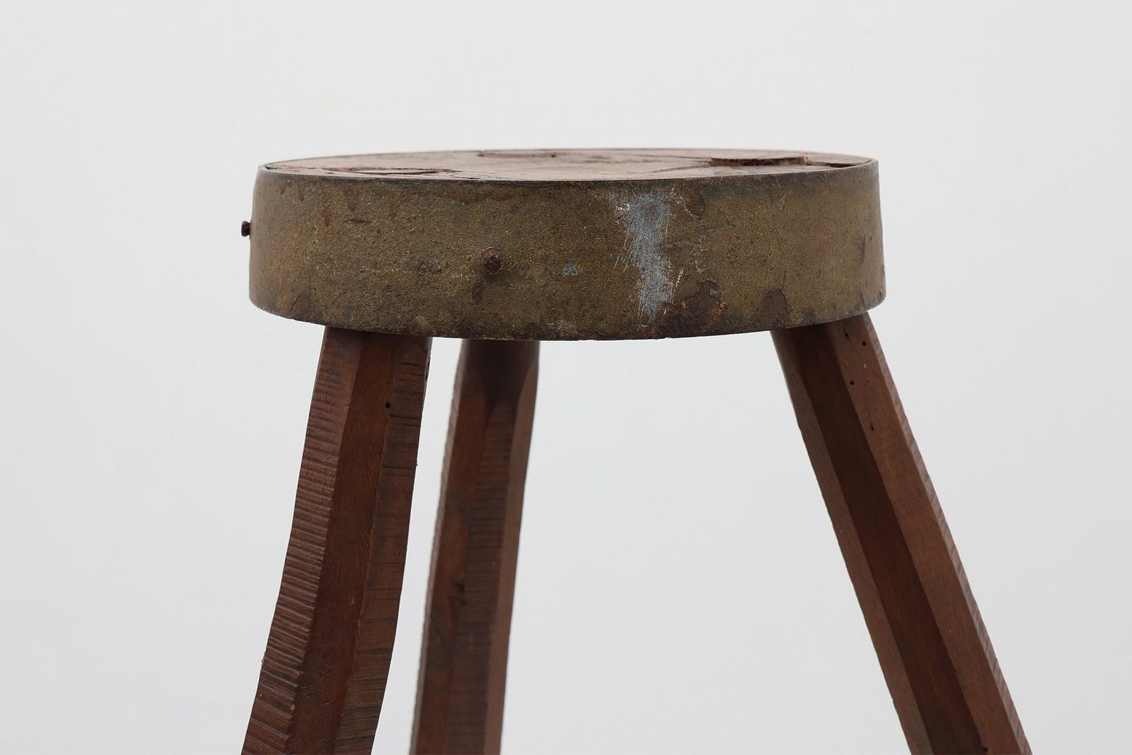 Brutalist French Oak Tripod Stool With Metal Rim, 1850s photo furniture