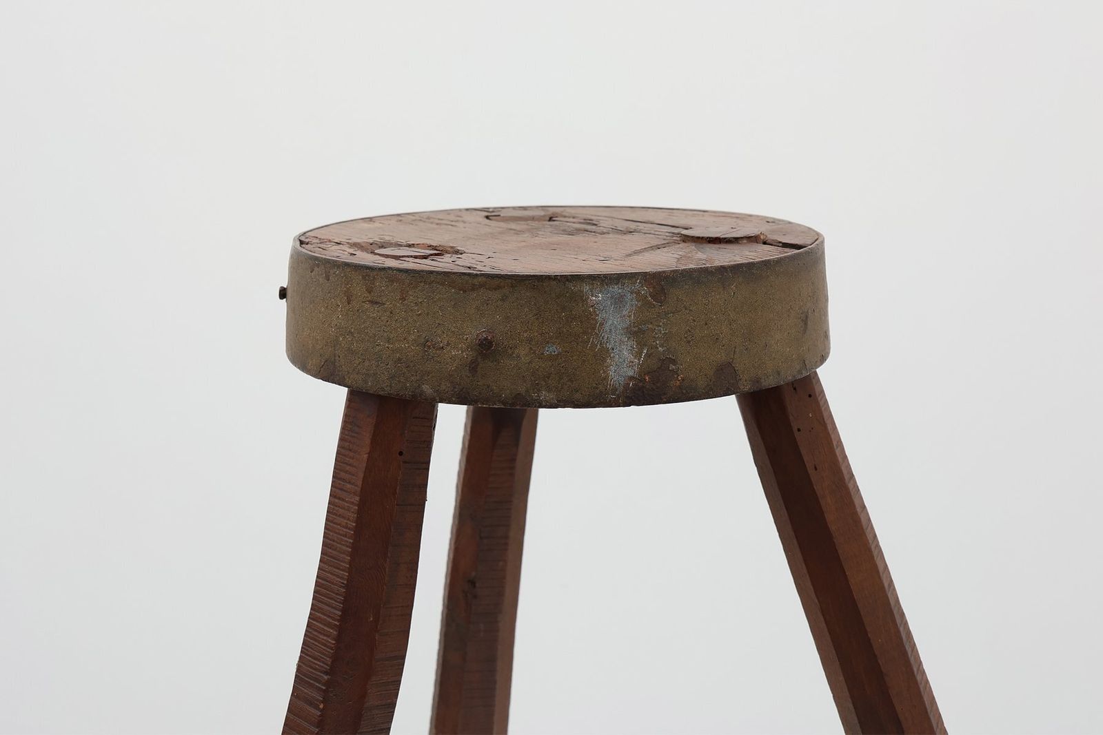 Brutalist French Oak Tripod Stool With Metal Rim, 1850s photo for sale