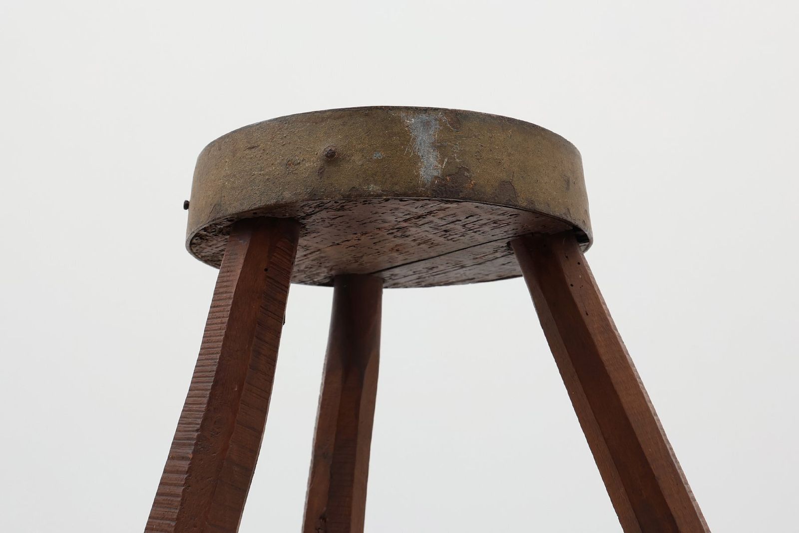 Brutalist French Oak Tripod Stool With Metal Rim, 1850s photo 989.0
